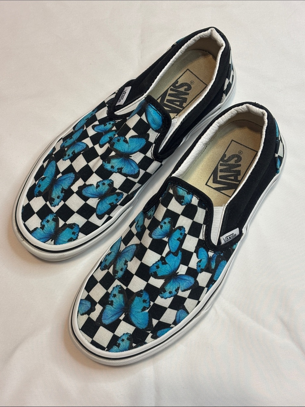 ✨Vans Slip-On Sneakers with Blue Butterfly Checkerboard 6.5 Women’s